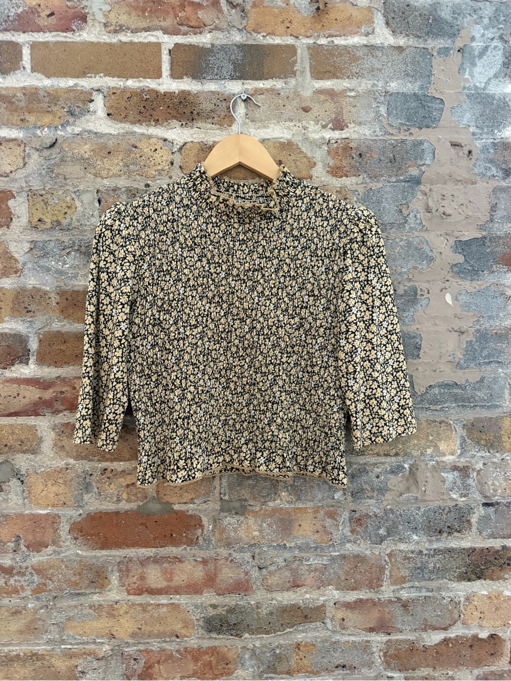 Sandro Black and Cream Floral Mock Neck Blouse